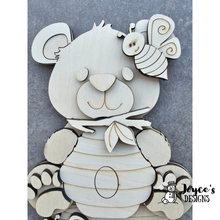 Load image into Gallery viewer, Bear with Beehive and Bees Wood Cutout – 6.5x7.5 Woodland Decor