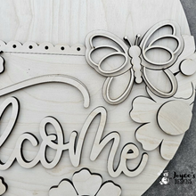 Load image into Gallery viewer, Welcome Floral with Butterfly Door Hanger Wood Blank – DIY Paintable Door Sign, Unfinished Wood Craft, Spring Home Decor