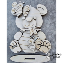 Load image into Gallery viewer, Bear with Beehive and Bees Wood Cutout – 6.5x7.5 Woodland Decor