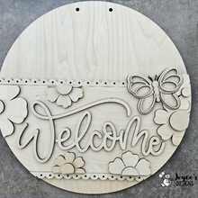 Load image into Gallery viewer, Welcome Floral with Butterfly Door Hanger Wood Blank – DIY Paintable Door Sign, Unfinished Wood Craft, Spring Home Decor