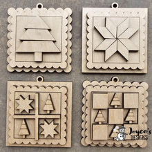 Load image into Gallery viewer, Mini Quilt Block Ornament – 2 Trees & 2 Stars Wood Blank
