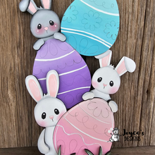 Load image into Gallery viewer, Peeking Easter Bunny Eggs Shelf Sitter | 6x11" Wood Cutout for Spring Decor