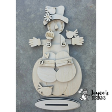 Load image into Gallery viewer, Scarecrow on Pumpkin Shelf Sitter Wood Blank | DIY Fall Wood Cutout | Unfinished Craft | 6" x 11"