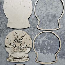 Load image into Gallery viewer, Easter Bunny Snowglobe Fairy Light Sign – DIY Wood Blank with 14 Light Holes – 6.5x8 Inches