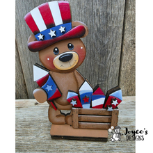 Load image into Gallery viewer, Bear with Fireworks Shelf Sitter – 4x6 Patriotic Wood Decor