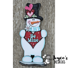 Load image into Gallery viewer, Valentine Snowman Wood Blank – Be Mine Heart Sign Shelf Sitter – 4.75x11 DIY Paintable Decor