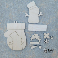 Load image into Gallery viewer, Mitten & Snowman Wood Ornament with Floral Accent