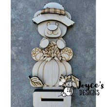 Load image into Gallery viewer, Bear Sitting on Pumpkin Wood Blank – 4x6.5 Fall DIY Craft Cutout