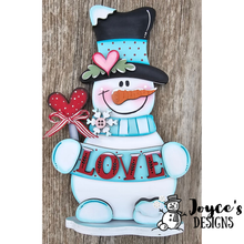 Load image into Gallery viewer, Valentine Snowman Shelf Sitter Wood Blank – Holding Heart Balloon & Love Sign – Paintable 6.5x11 DIY Decor