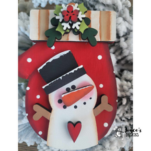 Load image into Gallery viewer, Mitten & Snowman Wood Ornament with Floral Accent