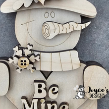 Load image into Gallery viewer, Valentine Snowman Wood Blank – Be Mine Heart Sign Shelf Sitter – 4.75x11 DIY Paintable Decor