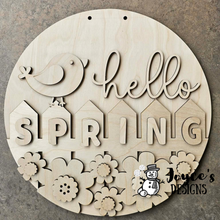 Load image into Gallery viewer, Hello Spring Door Hanger Wood Blank | Bird & Fence Design | DIY Unfinished Round for Front Porch Decor