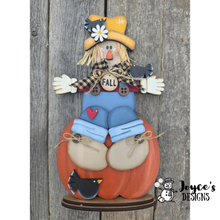 Load image into Gallery viewer, Scarecrow on Pumpkin Shelf Sitter Wood Blank | DIY Fall Wood Cutout | Unfinished Craft | 6" x 11"