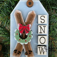 Load image into Gallery viewer, Snow Skis Ornament Wood Blank – DIY Paintable Ski Ornament – Rustic Winter Decor with “Snow” Word