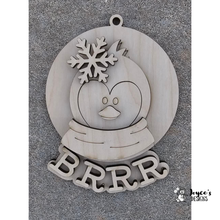 Load image into Gallery viewer, Penguin Snowglobe “Brrr” Ornament – Unpainted Wood Blank for DIY Christmas Crafts