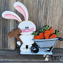Load image into Gallery viewer, loppy Easter Bunny Shelf Sitter with Wheelbarrow | 7x7.5" Spring Wood Decor