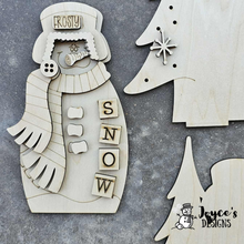Load image into Gallery viewer, Snowman Frosty with Trees Wood Blank | Lighted Shelf Sitter with Fairy Lights – DIY Christmas Decor