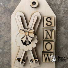 Load image into Gallery viewer, Snow Skis Ornament Wood Blank – DIY Paintable Ski Ornament – Rustic Winter Decor with “Snow” Word