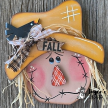 Load image into Gallery viewer, Scarecrow with Bird Wood Blank | DIY Fall Shelf Sitter | Unfinished Wood Cutout | 7.75" x 8"