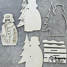 Load image into Gallery viewer, Snowman Frosty with Trees Wood Blank | Lighted Shelf Sitter with Fairy Lights – DIY Christmas Decor