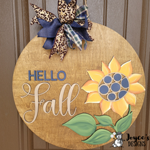 Load image into Gallery viewer, Sunflower- Hello Fall, Fall Welcome Sign- Door Hanger, Porch Sitter, Pumpkins, Fall Harvest, Autumn Decor, Rustic, DIY Sign