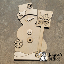 Load image into Gallery viewer, Hello Winter Shelf Sitter, Snowman Tiered Tray, Winter Shelf Sitter, Frosty Friends,  Snowman shelf sitter, Wood Shelf Sitter Kit, DIY Shelf Sitter
