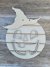 Load image into Gallery viewer, Halloween Doorhanger, Wood Doorhanger Kit, DIY Door Decor, Front Porch Halloween Decor, Jack O Lantern, Pumpkin Decor, Halloween Pumpkin