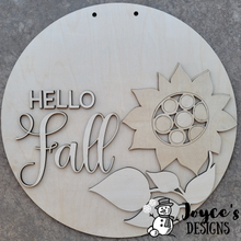 Load image into Gallery viewer, Sunflower- Hello Fall, Fall Welcome Sign- Door Hanger, Porch Sitter, Pumpkins, Fall Harvest, Autumn Decor, Rustic, DIY Sign