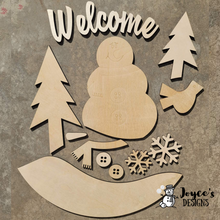 Load image into Gallery viewer, Welcome Snowman, Winter Doorhanger, Snow doorhanger, Wood Doorhanger Kit, DIY door hanger, Front Porch Winter Decor
