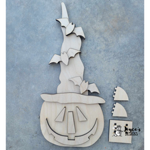 Load image into Gallery viewer, Spooky Jack-o’-Lantern Shelf Sitter with Witch Hat &amp; Bats
