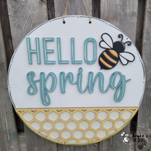 Load image into Gallery viewer, Hello Spring Bee Sign, Spring Decor, Spring Doorhanger, Easter, Welcome Door Hanger, Porch Sitter, All Season, Front Porch, Farm House, Rustic, DIY Sign
