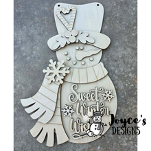 Load image into Gallery viewer, Sweet Winter Wishes Snowman Door Hanger Wood Blank – Winter DIY Door Decor
