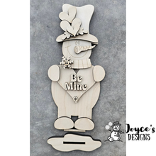 Load image into Gallery viewer, Valentine Snowman Wood Blank – Be Mine Heart Sign Shelf Sitter – 4.75x11 DIY Paintable Decor
