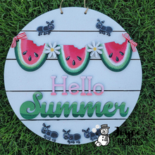Load image into Gallery viewer, Hello Summer Watermelon and Ants, Summer, Porch Sitter, All Season, Front Porch, Farm House, Rustic, DIY Sign
