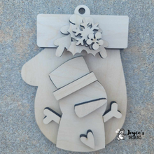 Load image into Gallery viewer, Mitten &amp; Snowman Wood Ornament with Floral Accent

