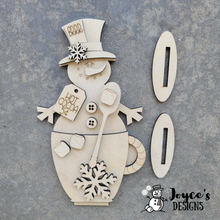 Load image into Gallery viewer, Snowman in a Hot Cocoa Mug Shelf Sitter, Snowman Tiered Tray, Winter Shelf Sitter, Frosty Friends,  Snowman shelf sitter, Wood Shelf Sitter Kit, DIY Shelf Sitter
