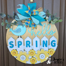Load image into Gallery viewer, Hello Spring Door Hanger Wood Blank | Bird &amp; Fence Design | DIY Unfinished Round for Front Porch Decor
