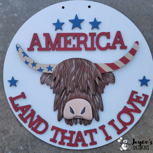 Load image into Gallery viewer, Summer Patriotic Highland Cow Land that I Love
