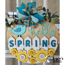 Load image into Gallery viewer, Hello Spring Door Hanger Wood Blank | Bird &amp; Fence Design | DIY Unfinished Round for Front Porch Decor
