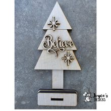 Load image into Gallery viewer, Tree Believe Shelf Sitter | 4.5x9 Rustic Christmas Decor | Primitive Farmhouse Holiday Wood Sign

