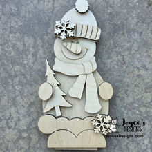 Load image into Gallery viewer, Mrs. Snowman with Tree Shelf Sitter – 6" x 12" DIY Wood Blank
