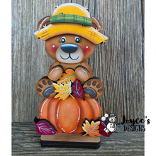 Load image into Gallery viewer, Bear Sitting on Pumpkin Wood Blank – 4x6.5 Fall DIY Craft Cutout
