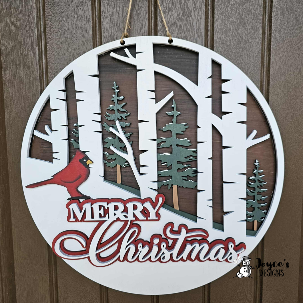 Merry Christmas Cardinal with Birch Trees doorhanger- 4 layer dimensional.