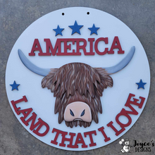 Load image into Gallery viewer, Summer Patriotic Highland Cow Land that I Love
