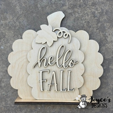 Load image into Gallery viewer, Hello Fall Pumpkin Shelf Sitter Wood Blank | 13 x 13.5 DIY Fall Décor

