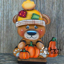 Load image into Gallery viewer, Bear Holding Pumpkins Wood Blank – 4.5x5.75 Fall DIY Craft Cutout
