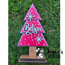 Load image into Gallery viewer, Tree Believe Shelf Sitter | 4.5x9 Rustic Christmas Decor | Primitive Farmhouse Holiday Wood Sign
