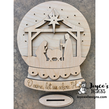 Load image into Gallery viewer, O Come Let Us Adore Him Nativity Snowglobe Wood Blank – Fairy Light Ready – 9" x 11"
