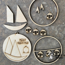 Load image into Gallery viewer, Gondolas in the Mountains Ornament Wood Blank – DIY Paintable Ski Lift Ornament – Rustic Winter &amp; Christmas Decor
