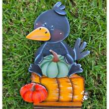 Load image into Gallery viewer, Crow on a Hay Bale Wood Blank | Unfinished DIY Fall Wood Cutout | 4" x 6.5"
